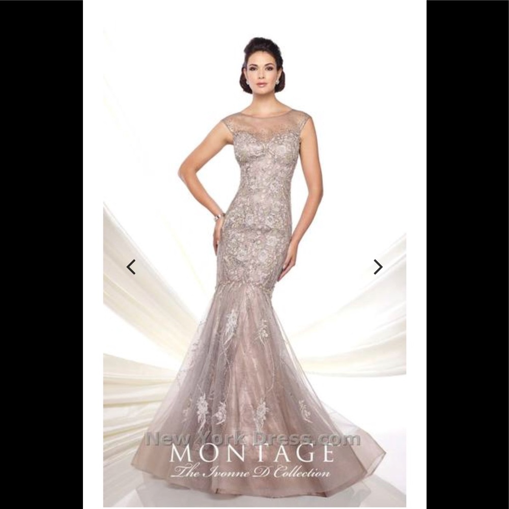 Montage by Mon Cheri Taupe Lace Mermaid Evening Gown